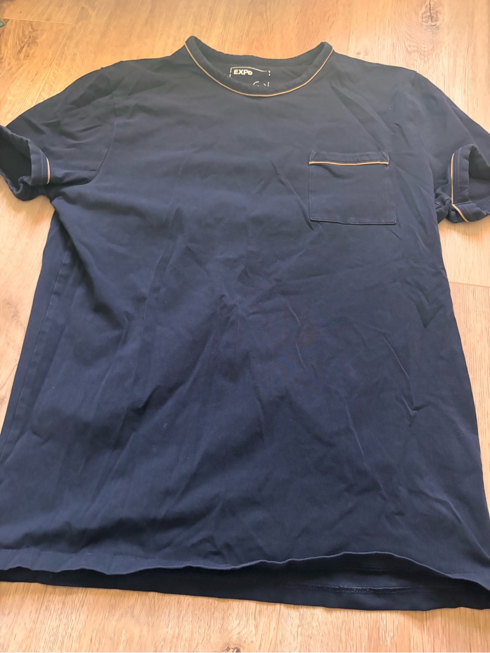 Express Navy Short-Sleeve Pocket Tee with Tan Contrast Piping